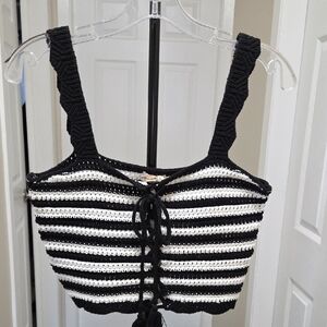 Nwt Hem & Thread Cotton Blend Stripe Lace-up Front Crochet Tank Top
